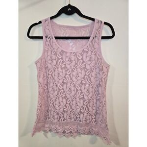 Pink Lace Tank Top Women Medium Sheer Floral Crochet Hem Coquette Boho Romantic